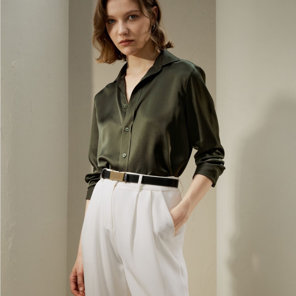 LILYSILK Tailored 100% Silk Button-Down Shirt in dark olive
